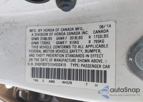 2014 Honda Civic Lx из США, поврежденный, VIN 2HGFB2F51EH552419